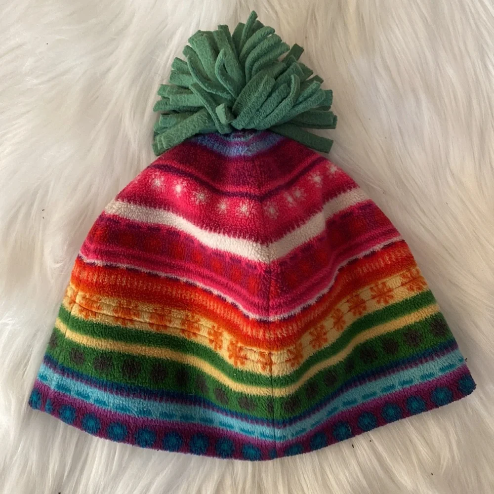 Old navy, multi color rainbow fleece hat with pom pom on the top